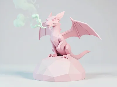 Pastel-pink lowpoly dragon perched on a faceted boulder with wings half-unfurled