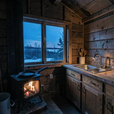 Photograph with Alaskan Arctic sensibility, Interior of a cabin kitchen, woodsto