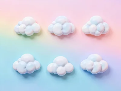 Knolling-style flat-lay of seven cloud-shaped objects arranged on a pastel gradi