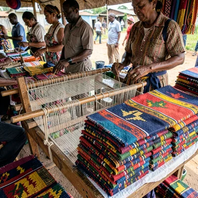 Kumasi kente weaving process, strip loom geometry, Folded kente cloths stacked a