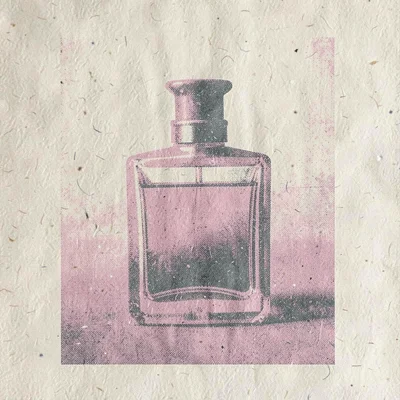 Bram-screenpress poster of a halftone perfume bottle silhouette in pink and slat