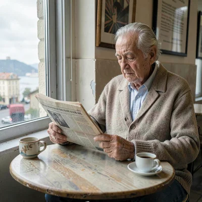 Quietly elegant photograph with Uruguayan sensibility, An elderly man reading a 