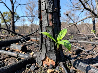 Charred trunk with bright green sprout emerging at base