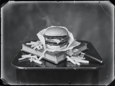 A cheeseburger wrapped in wax paper sitting on an antique book with scattered fr