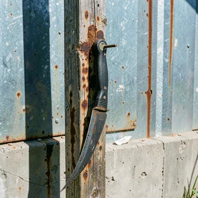 Documentary photograph with Jamaican yard aesthetic, Machete hanging from a nail