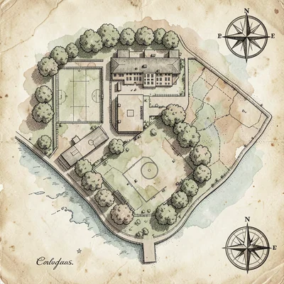 A high-school campus plan with the main academic block, a sports field, a librar