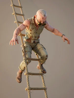 Climbing the lower rungs of a frayed rope-ladder a signal-runner looks down, bra