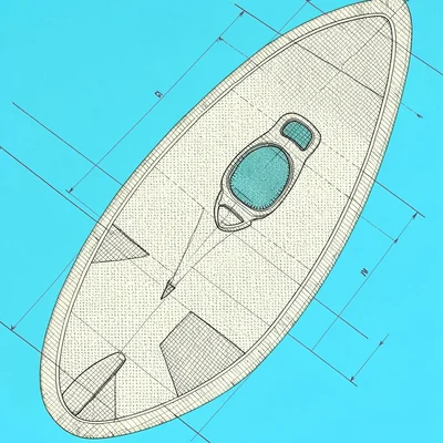 Cutaway technical drawing of a foam-core surfboard, ivory cross-hatch on cyan gr