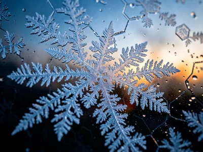Frost fern dendrites on car windshield glass, hexagonal branching crystal patter