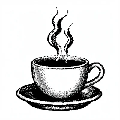 1-bit dithered illustration, coffee cup steam rising , black and white only, dit