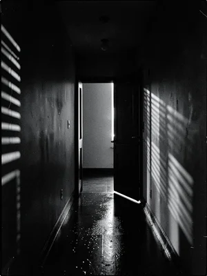 Dark hallway with single door ajar at end, sliver of light, shadow