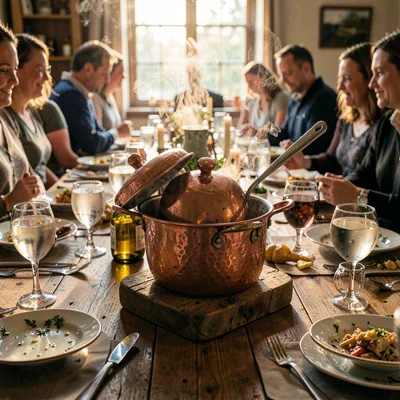 Mid-feast table scene, abundant hospitality, Copper pot on wooden trivet, lid sl