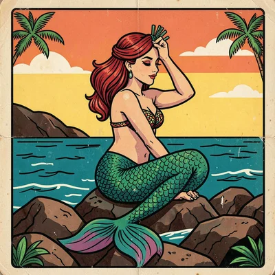 Mexican lotería card illustration, a mermaid combing her hair on ocean rocks , b