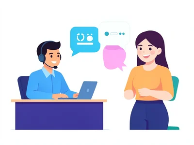 A customer support scene: person with headset at a desk, speech bubbles floating