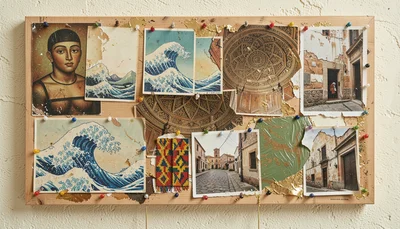 Layered mixed-media painting on wooden panel, Mediterranean studio light, earth 