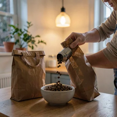 Soft evening shot of a person scooping kibble from a kraft bag into a bowl, warm