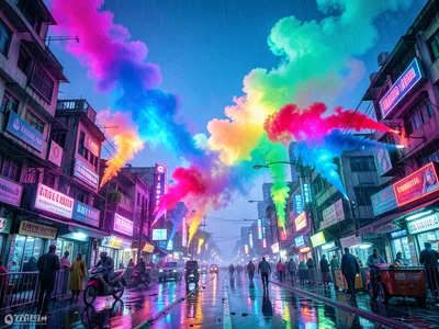 Rainbow-colored smoke bombs creating spectrum of color against clear sky