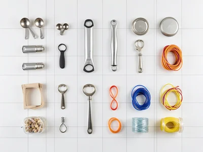 Kitchen drawer contents: measuring spoons, peeler, can opener, wine key, rubber 