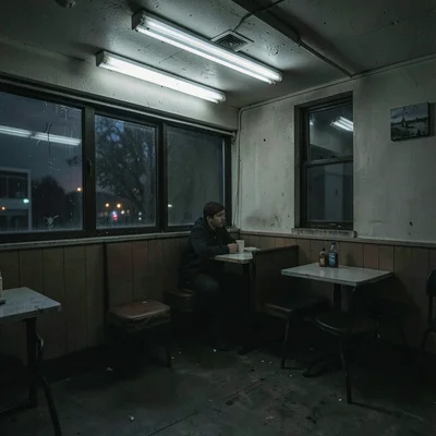 Overnight diner booth with single customer staring out window