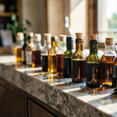 Vertical of a stone counter with a row of bottles being funnel-filled