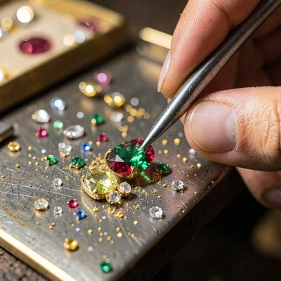 Through the Jaipur gem cutter's eye, faceted light, An artisan setting stones in