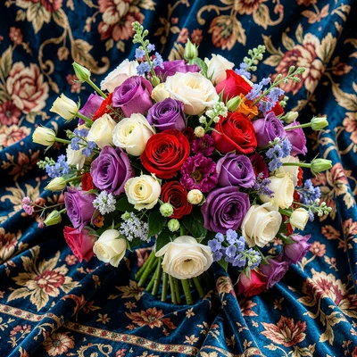 A bridal bouquet overflowing across patterned velvet fabric, every corner filled