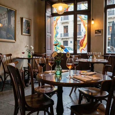 Through the lens of Venetian glass-making, molten luminosity, An empty cafe inte