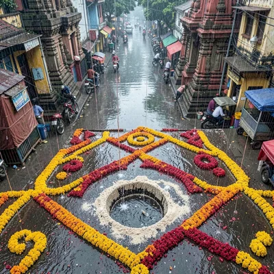 Looking down at Chennai's overlooked patterns, Rain dripping from temple roof on