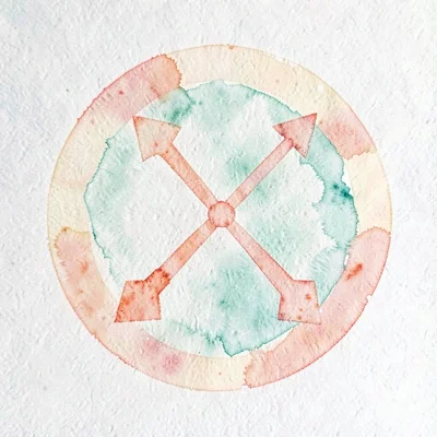 abstract circle with three radiating arrows fanning outward in mint coral and bu