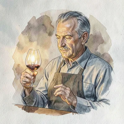 Half-figure of a wine farm sommelier inspecting a glass, soft pencil structure b