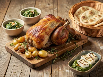 A rustic Mediterranean Easter table — a whole roasted lamb on a wooden board sur