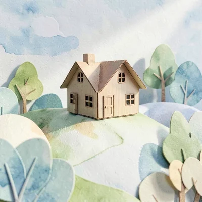 Papercraft scene of a tiny cardboard cottage on a paper-cut hill, gentle directi