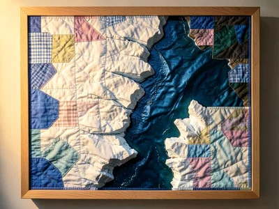 A glacier calving into the sea — white batting and blue silk meeting at a jagged