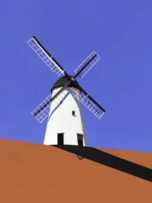 Whitewashed windmill stands on a copper plateau under a vast lapis sky, hard mid