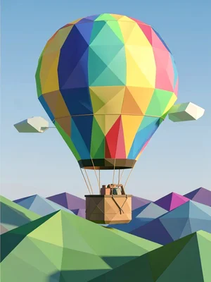 A hot air balloon over low-poly hills, the balloon's envelope divided into color