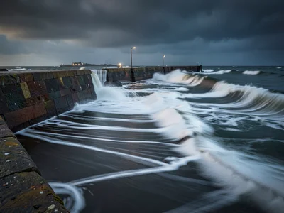 Storm surge against seawall as dramatic blur