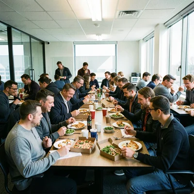 Lunch meeting conference room with pizza boxes open