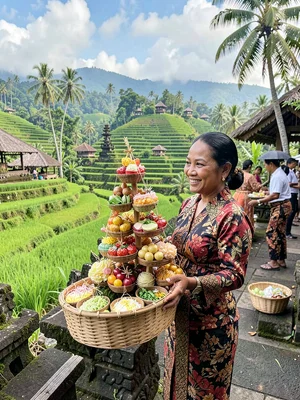 Balinese woman carrying offering tower