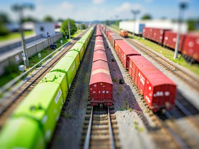 Above a freight marshalling yard from a signal-bridge tilt-shift photograph, sat