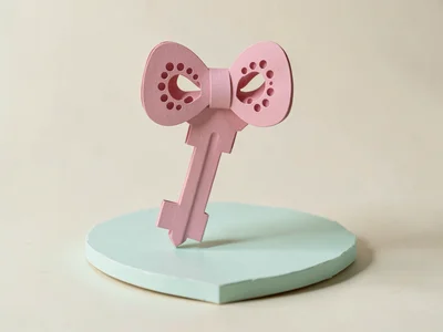 Giant matte-pink papercraft key floating above a soft mint platform, its bow sha