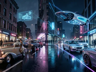 Same street corner — left half 1920s cars and fashion, right half 2120s flying c