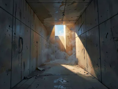 Cold-war bunker concrete corridor with a single emergency shaft of daylight, war