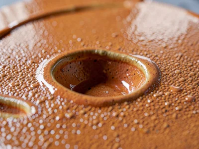 Salt-fired stoneware orange-peel surface, pebbled glaze rolling over a deep thum