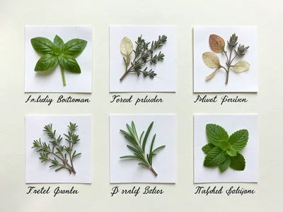 Pressed herbs: basil, thyme, rosemary, and mint on separate small squares of pap