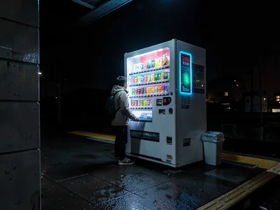 Commuter at train platform vending machine, only light on empty platform, the pr