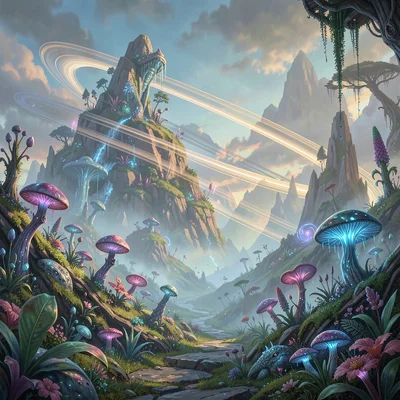 Fantasy environment illustration, an alien world with ring system visible, stran