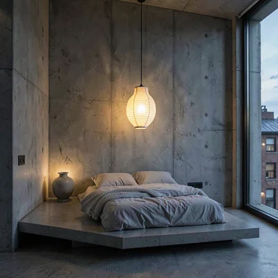 inside a softened brutalist apartment at dusk, a vast grey wall warmed by one pa