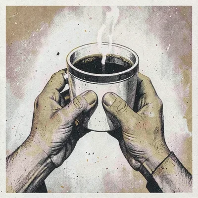 Risograph-style illustration, hands holding coffee cup , spot color layer simula
