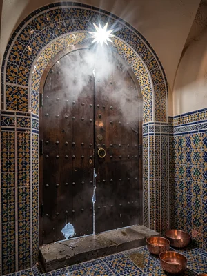 Hammam Entrance Studded Door Zellige Arch