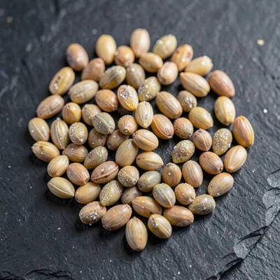 Studio macro top-down of durum wheat berries on dark slate, hulls glinting like